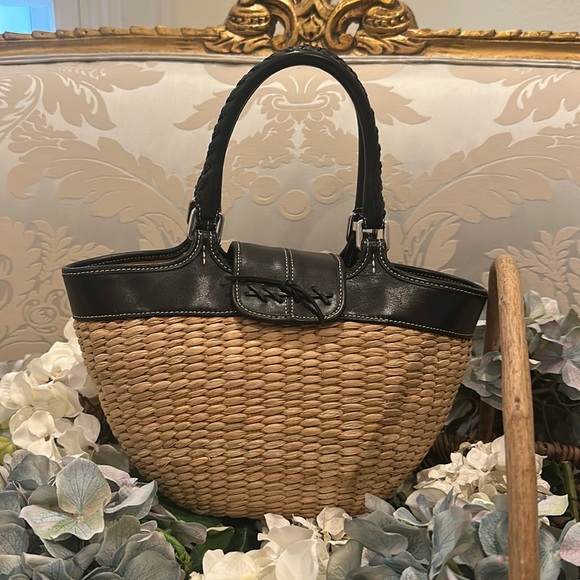 Authentic coach, black leather and tan wicker handbag, satchel. Large size - Picture 4 of 13